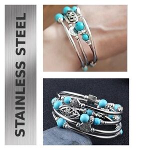 🐘 Stainless Steel Natural Turquoise Stone Multi Circle Layer Winding Bracelet